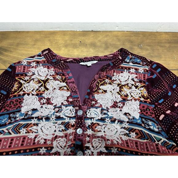 John Mark Top Womens Small Red Black Velvet Embroidered Sheer Popover Lined - Picture 3 of 11